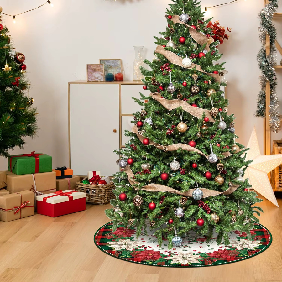 VIKAMA Weihnachtsbaumrock in Büffel-Karo-Design, runde Weihnachtsbaummatte zur Feiertagsdekoration, mehrfarbig - Bild 5