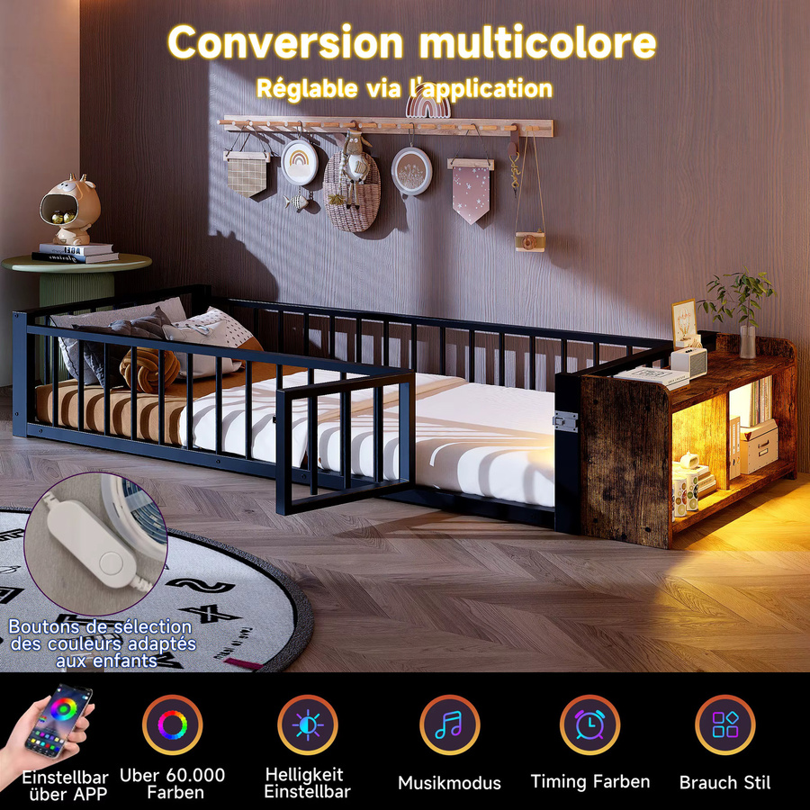 Einzelbett HAUSS SPOLE mit Barriere, offenem Stauraum und LED aus Metall und MDF, Schwarz, B: 90 cm, L: 200 cm - Bild 4