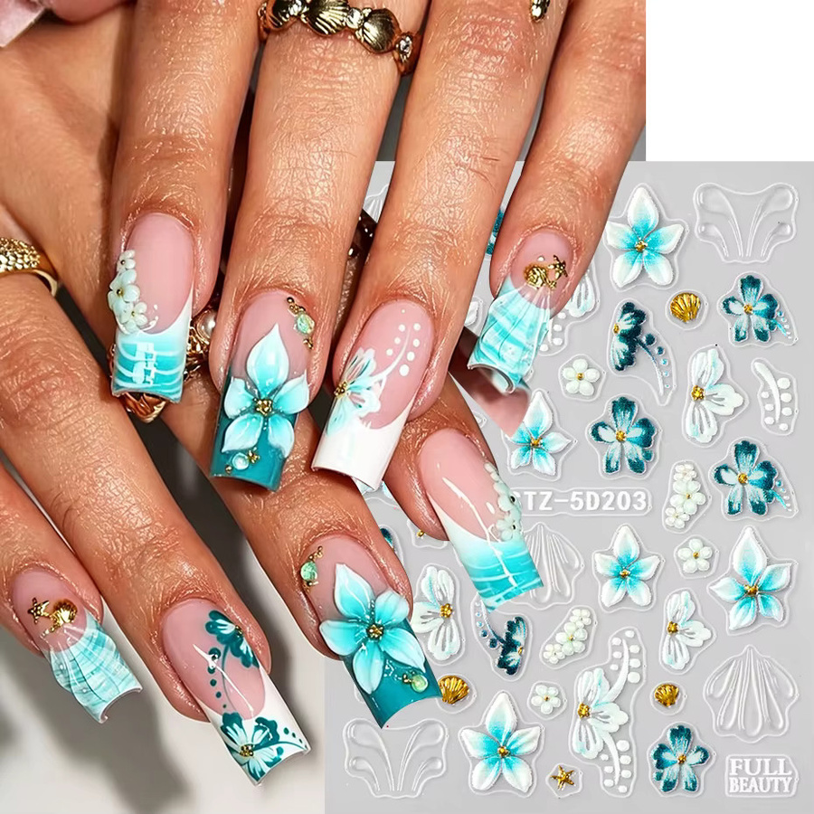 Full Beauty Nagelkunst Aufkleber, Teal Hibiskus Blumen, Glänzend - Bild 2