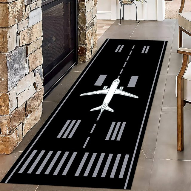 Kinderspielteppich mit Flughafen-Motiv in Grau und Schwarz, waschbarer Spielteppich für das Kinderzimmer, B/T: 120 x 60 cm - Bild 1