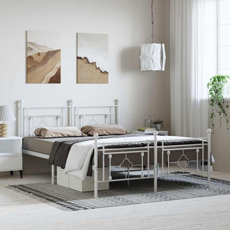 Vidaxl Metall-Bettgestell mit Kopfteil und Fußteil in Weiß, B/T/H: 150 x 200 cm - Bild 1