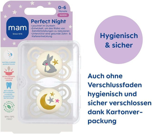 MAM 2er-Pack Schnuller Perfect Night aus Silikon für 0-6 Monate, weiß/multicolour, bpa-frei und sterilisierbar - Bild 1