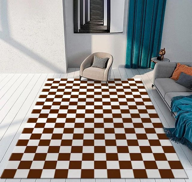Binchi Furniture Schachbrett-Teppich in Braun, moderner marokkanischer Karo-Teppich aus Polyester für Wohnzimmer und Schlafzimmer, rutschfest und waschbar, B/T: 60 x 40 cm - Bild 1