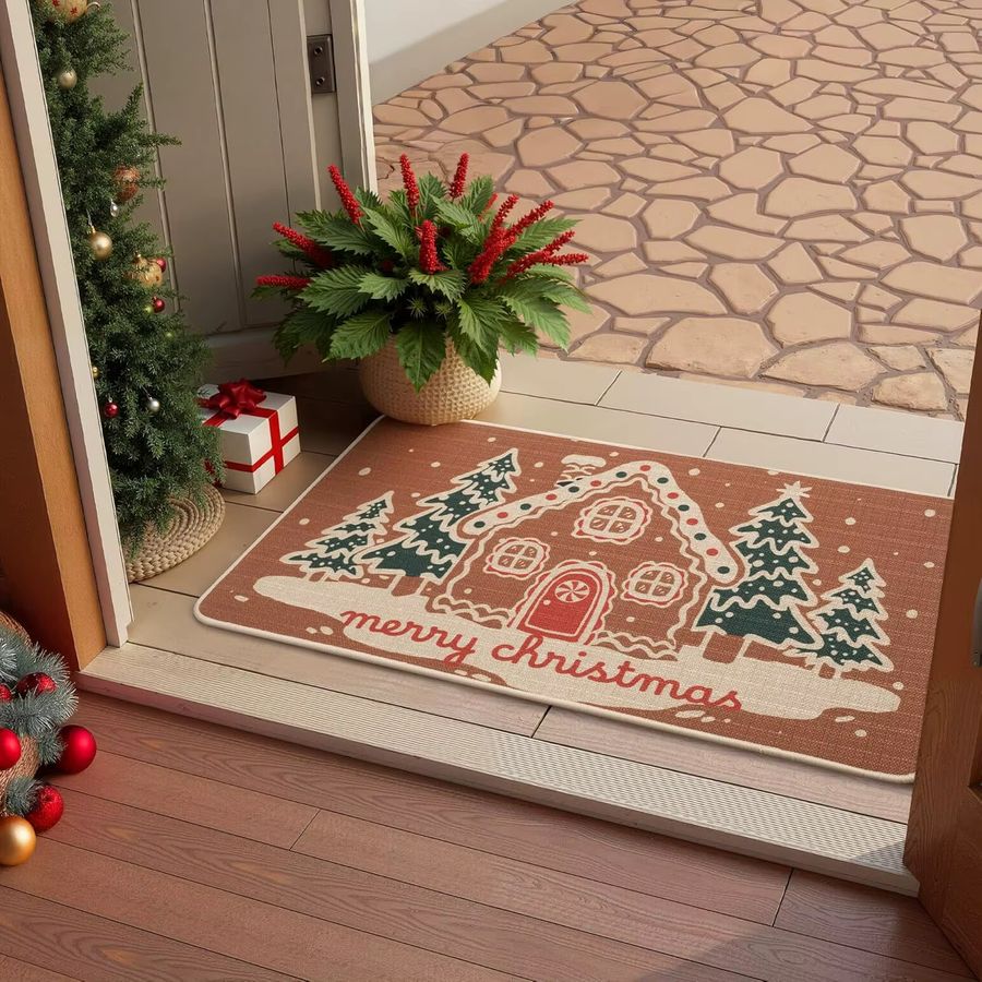 VIKAMA Weihnachts-Fußmatte mit Cartoon-Lebkuchenhaus-Design, rutschfest und schmutzabweisend für Eingangshalle und Badezimmer - Bild 5
