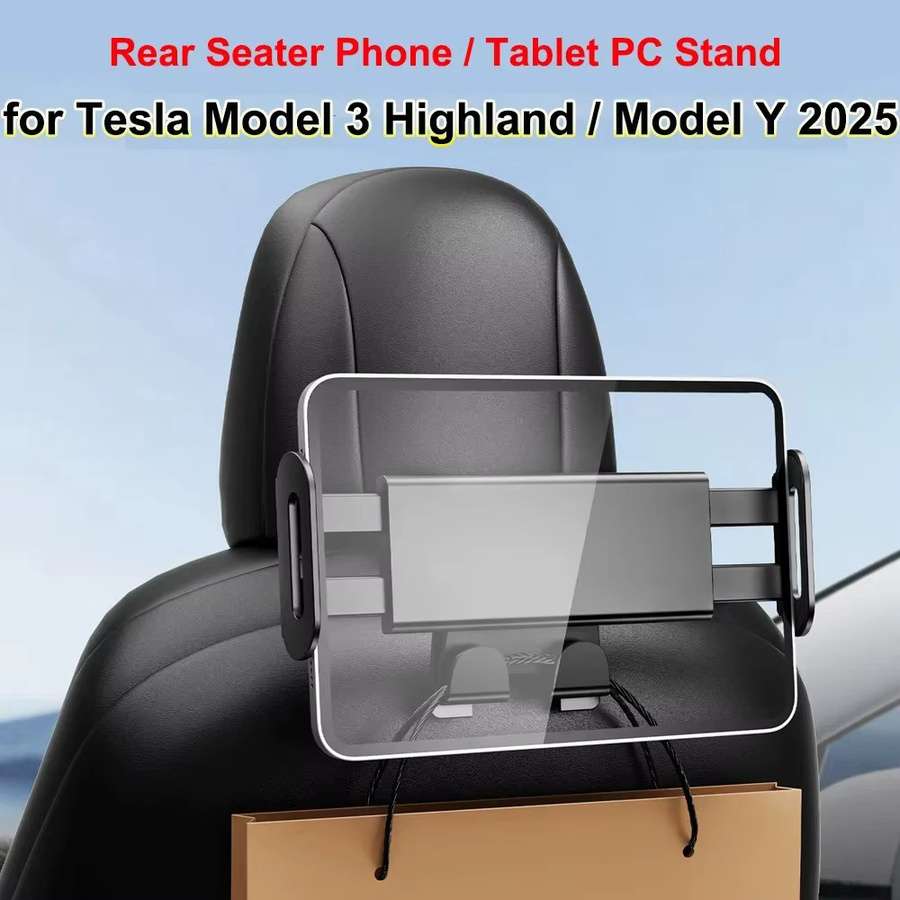 Beworth Kopfstützen-Tablethalterung für Tesla Model 3 Y Juniper Highland in Schwarz mit Handyhalterung und Haken für den Rücksitz als iPad-Zubehör - Bild 2