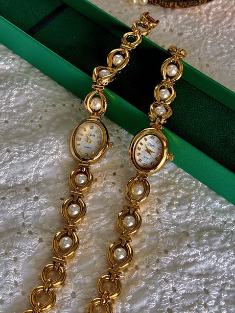 LSVTR Armbanduhr, Quarz, Perlenkette, Gold, ovales Gehäuse, Damen - Bild 1