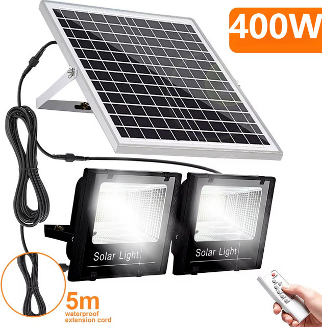 YQCHEZI 400 W LED-Solarleuchte als hochhelles 2-Kopf-Flutlicht in Schwarz mit Aluminium-Solarpanel als wasserdichte Gartenwandleuchte für den Außenbereich - Bild 1