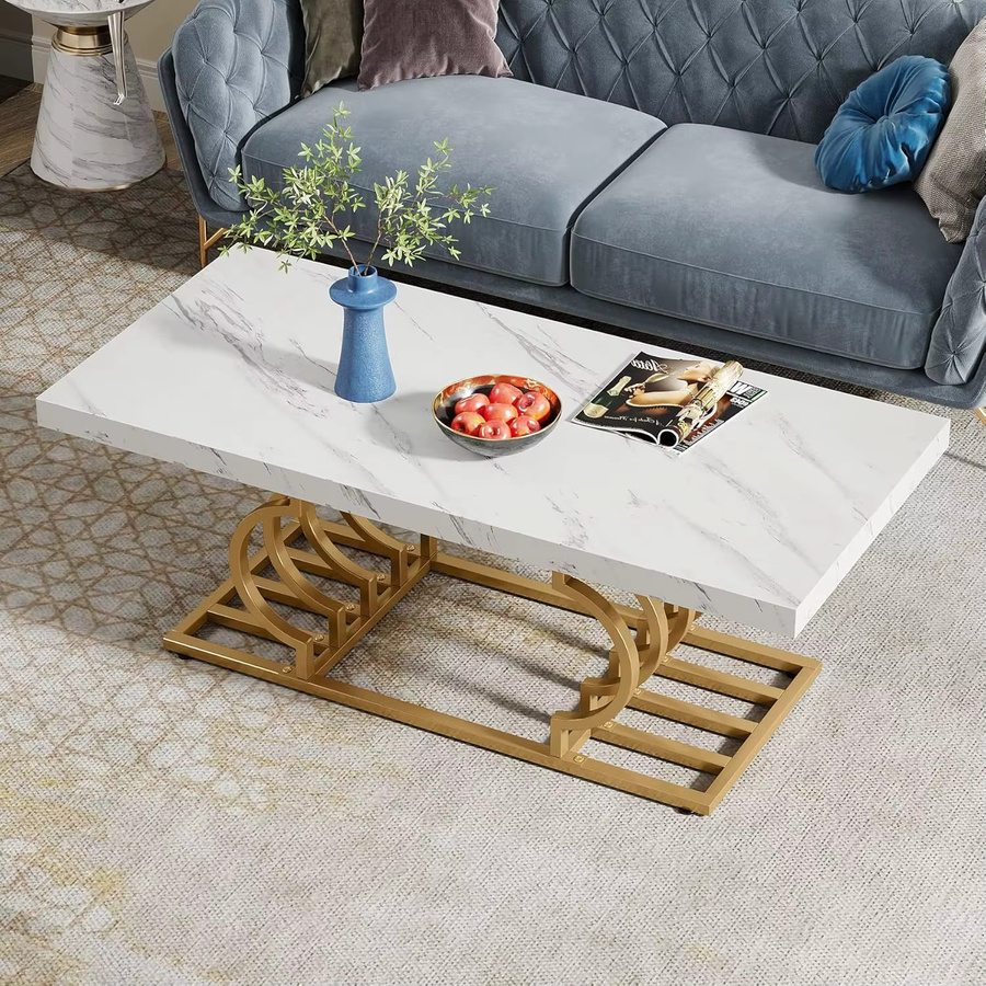 LITTLE TREE Couchtisch aus weißem Kunstmarmor mit geometrischem Rahmen, rechteckiger Mitteltisch in Glamour-Optik - Bild 5