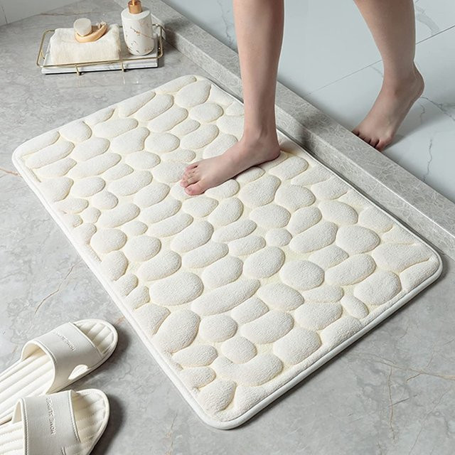 Inyahome Badematte in Weiß mit Kopfsteinpflaster-Design aus weichem Memory-Schaum, saugfähig und maschinenwaschbar - Bild 1