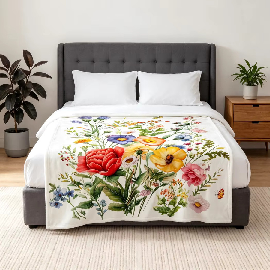 Vintage Blumen-Flanell-Decke mit Schmetterlings- und Wildblumenmuster in Multicolour aus Polyester - Bild 2