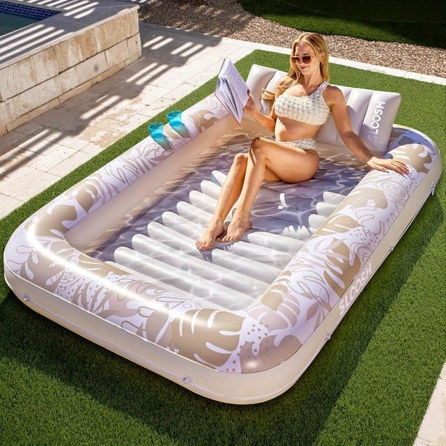 JOYFY Aufblasbare Sonnenliege für den Pool, extra große Schwimminsel für Erwachsene mit Kissen, 4-in-1-Sonnenwanne, Pink/Multicolor, B: 215,9 cm x B: 144,8 cm - Bild 1