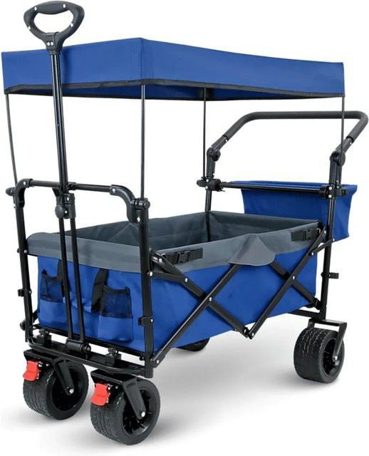 DELUKE Bollerwagen faltbar mit Dach und extra breiten Reifen in Blau, belastbar bis 120 kg - Bild 1