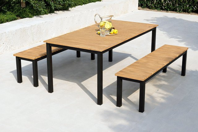 Villana Garten-Essgruppe aus Aluminium und Eukalyptus-Holz in Anthrazit und Naturbelassen, bestehend aus einem Tisch und 2 Gartenbänken, FSC-zertifiziert, Tisch B: 180 cm, T: 90 cm, H: 74 cm - Bild 1