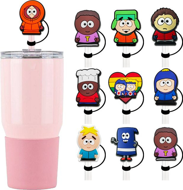 South Park Cartoon Stroh Abdeckung mit 10mm Trinkhalm-Stecker, wiederverwendbare Spritzschutz-Kappen für Becher, Multicolor - Bild 1
