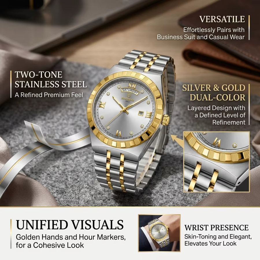 BINBOND Armbanduhr, Quarz, Edelstahl, Bicolor, Gold, Herren - Bild 5