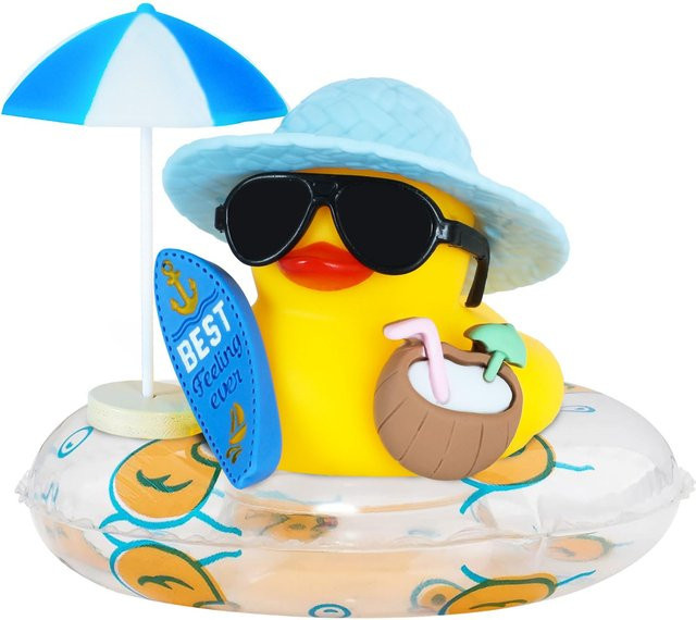 BXA Quietschende Gummiente als Auto-Ornament mit Kokosnuss-Sonnenbrille und Regenschirm in Gelb - Bild 1