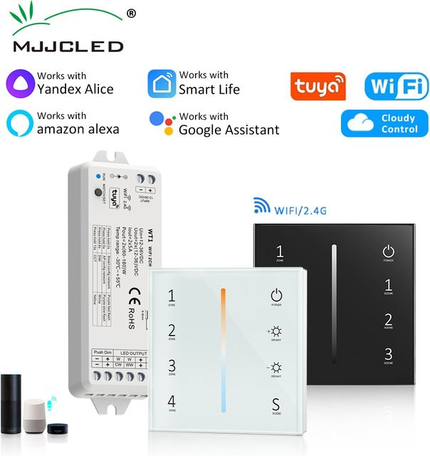 Tuya WT1 Smart Wifi LED Controller als Wand Touch Panel Dimmer für einfarbige und CCT LED Streifen, 12V 24V, mit RF Fernbedienung und 4 Zonen - Bild 1
