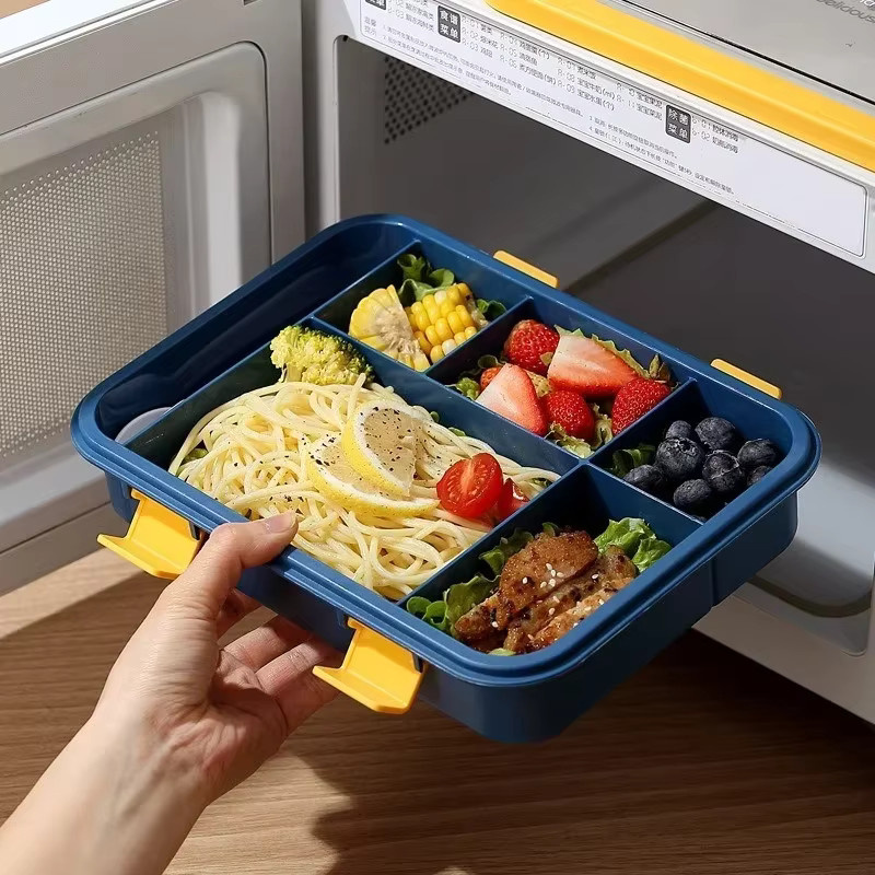 Tragbare Bento-Box Lunchbox mit Gitterteilung und Besteck, mikrowellengeeignet, 1500 ml, Farben: Braun oder Blau - Bild 3