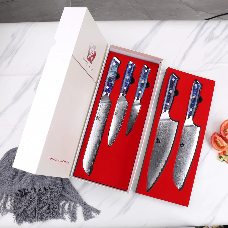 WILDMOK 5-teiliges professionelles Kochmesser-Set aus Damaskus VG10-Stahl in Blau mit ergonomischem Harzgriff und Geschenkbox - Bild 2