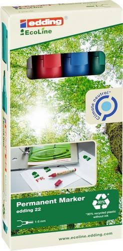 Edding 22 EcoLine Permanentmarker Set mit Keilspitze, 4er Pack, Farben: Schwarz, Blau, Rot, Grün - Bild 1