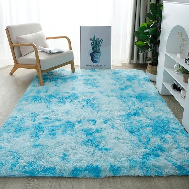 Maschinenwaschbarer Langflor Teppich aus Plüsch in Blau, Rutschfest und Schallisolierend, B/T: 60 x 40 cm - Bild 1