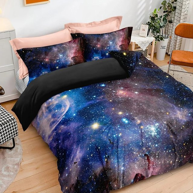 3-teiliges Galaxy Bettwäsche-Set von JMG Household Supplies mit Sternenhimmel-Design in Rot und Blau, Material Mikrofaser, B/H: 172 x 218 cm - Bild 1