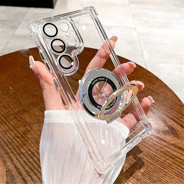 Stoßfeste magnetische Schutzhülle mit Ständer und Objektivschutz für Samsung Galaxy S26 Ultra in Transparent/Silver - Bild 1