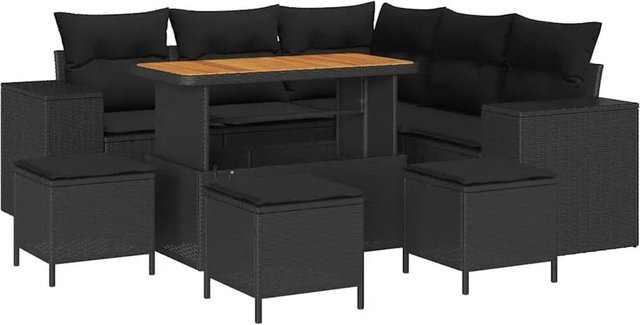 vidaXL Garten-Sofa-Set 9-teilig in Schwarz aus Poly-Rattan mit Polstern und Tisch in U-Form - Bild 1