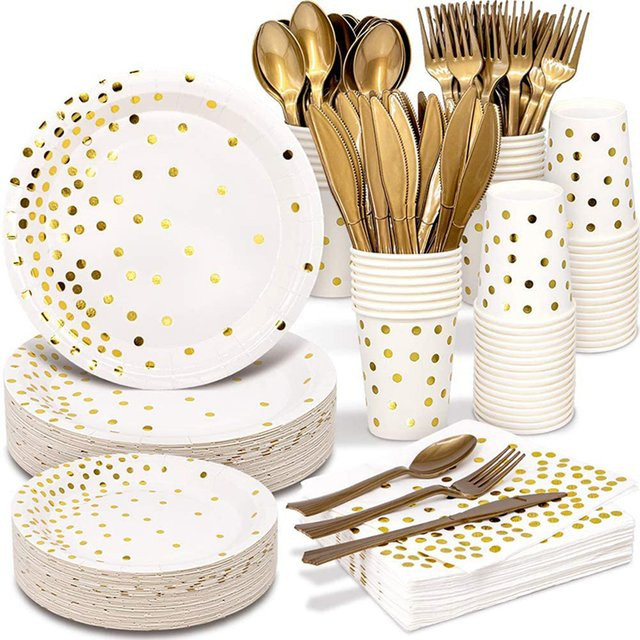 Golden Dot Einweggeschirr Set aus Papier in Gold und Weiß mit gepunktetem Design inklusive Pappteller, Strohhalmen und Bechern für besondere Anlässe - Bild 1