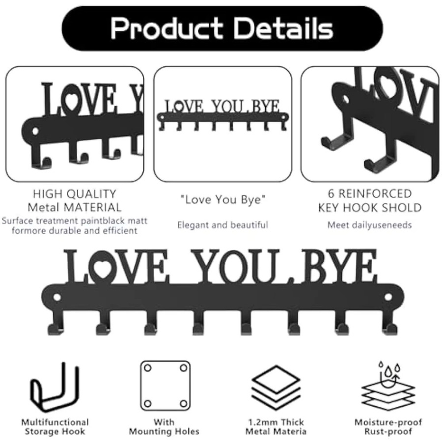Love You Bye Selbstklebender Schlüsselhalter aus Metall mit 6 Haken zur Wandmontage, Schwarz - Bild 2