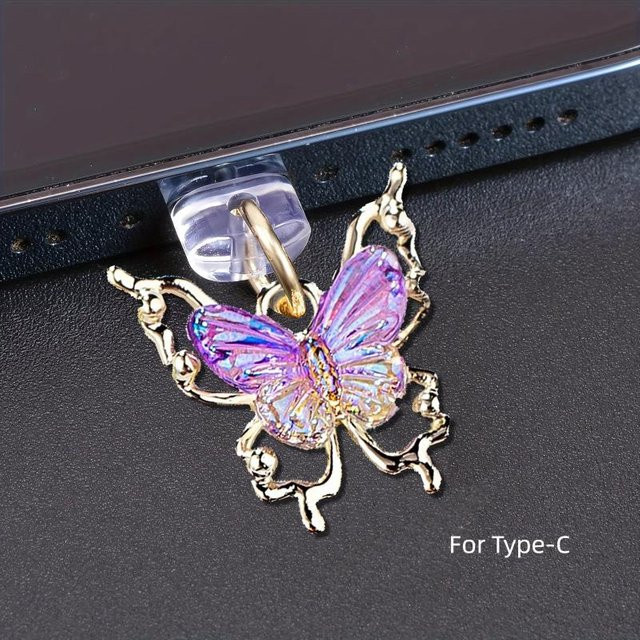 Glitzer Schmetterling Staubschutzstecker für USB-C Ladeanschluss, Dekoration als Hängeanhänger für iPhone und Samsung, Multicolor - Bild 1