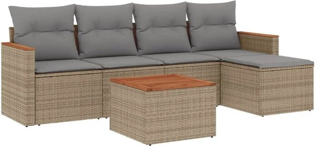 vidaXL 6-teilige Garten-Sofagarnitur in L-Form aus Poly-Rattan mit Kissen in Beige und Grau - Bild 1