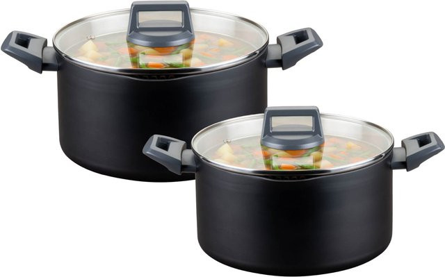 Fackelmann Topf-Set Statement, 4-teilig, Schwarz, Keramik und Aluminium mit Glasdeckel, Durchmesser: 20 cm und 24 cm - Bild 1