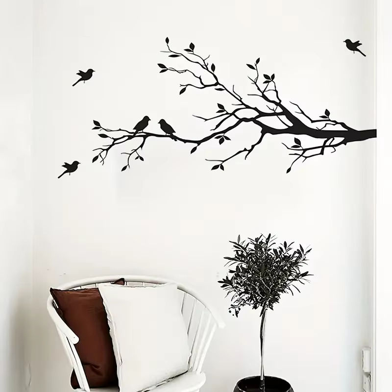 Wandaufkleber Ast und Vogel Silhouette in Schwarz aus wasserfestem Vinyl für minimalistische Wanddekoration - Bild 2
