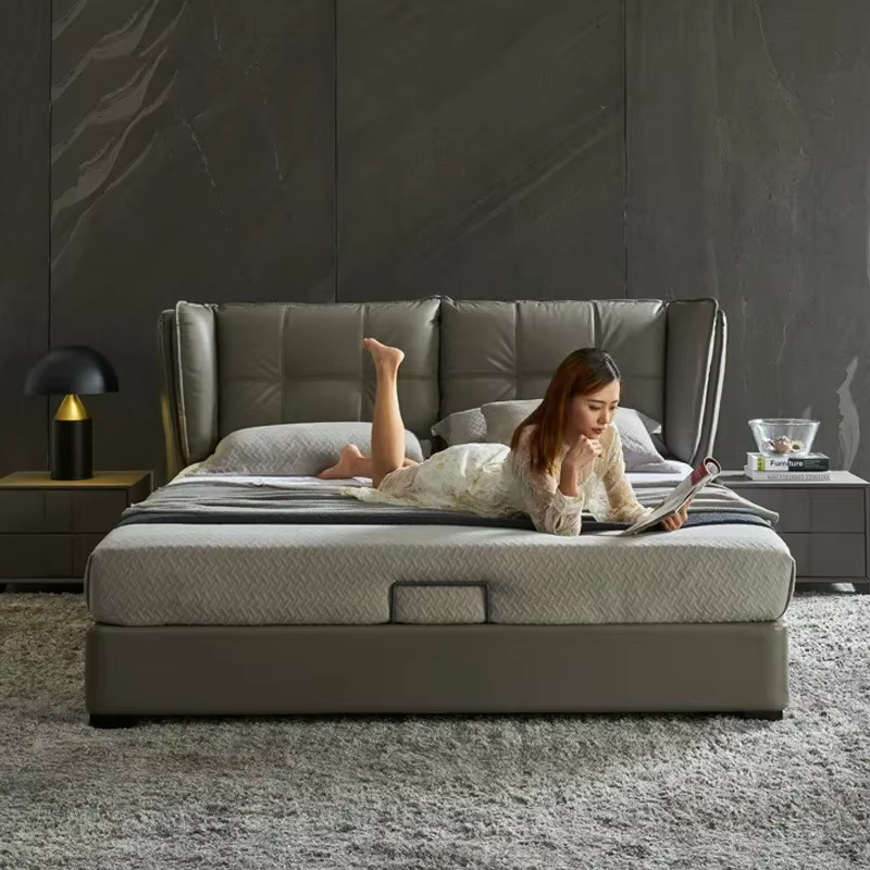 Minimalistisches gepolstertes Doppelbett aus Leder in Grau mit mattem Finish - Bild 2