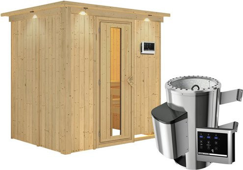 Karibu Sauna Kircholm aus Fichtenholz mit 3,6 kW Saunaofen und externer Steuerung für 3 Personen, Farbe: beige - Bild 1