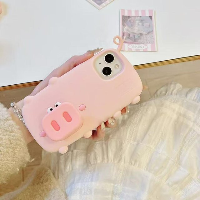 Binchi Health Electronics 3D Ferkel Handyhülle mit Ständer für iPhone 12 bis iPhone 16 Pro Max Plus in Rosa - Bild 1
