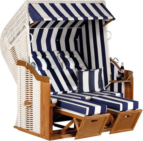SUNNY SMART Strandkorb Rustikal Halblieger in Weiß/Natur mit Sonnenverdeck und Fußstützenverlängerung B/H/T: 145 x 160 x 90 cm - Bild 1