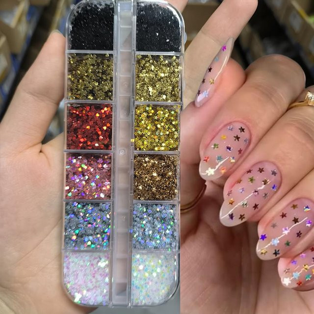 HotPress Nagel Glitzer Pailletten, Herz und Pentagramm, Holographisch, Glänzend - Bild 1