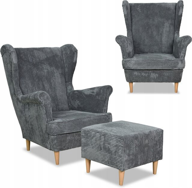 Bonito Ohrensessel mit Fußhocker von Scandinavian Family Meble in Grau aus Cord - Bild 1