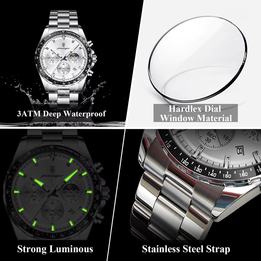 POEDAGAR Armbanduhr Chronograph, Quarz, Edelstahl, Silber, Herren - Bild 4
