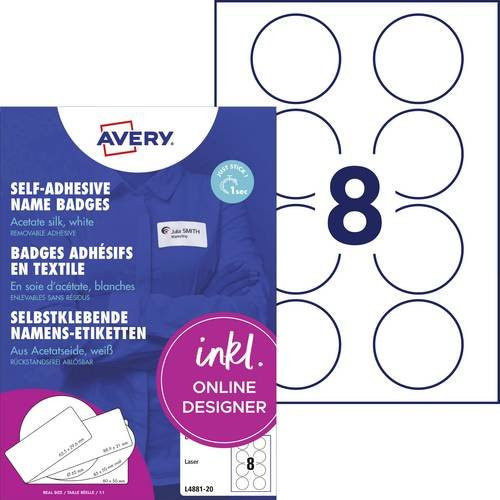 Avery Zweckform L4881-20 Namensschilder in Weiß für Laser, B x H: 65 x 65 mm, 160 Stück - Bild 1