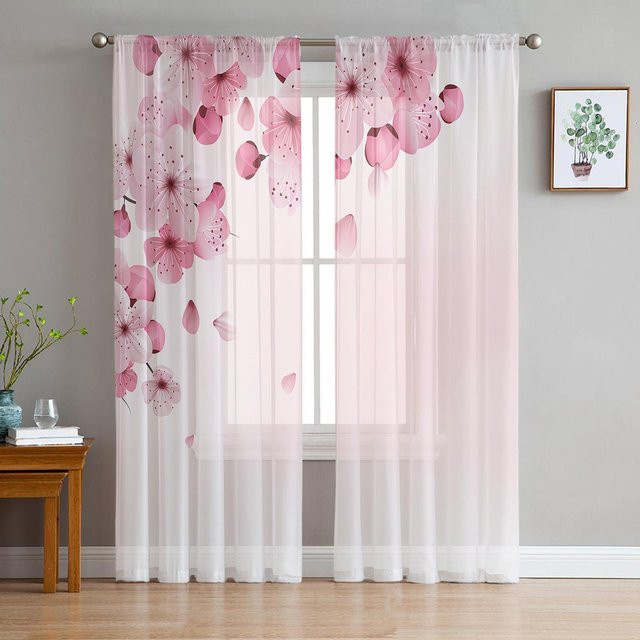Transparenter Tüllvorhang mit rosa Kirschblüten-Blumenmuster in Weiß, Organza-Voile für Wohnzimmer und Küche, B: 135 cm, H: 115 cm - Bild 1
