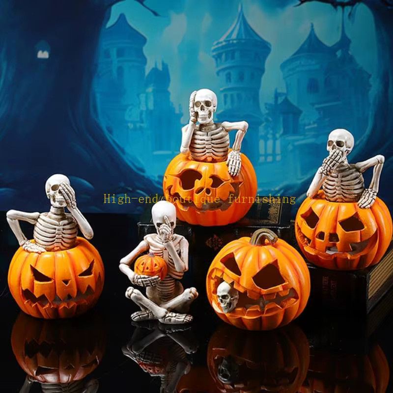 L9NB Halloween Kürbis-Schädel-Lampenfigur in Orange mit warmweißem Licht für drinnen und draußen - Bild 2