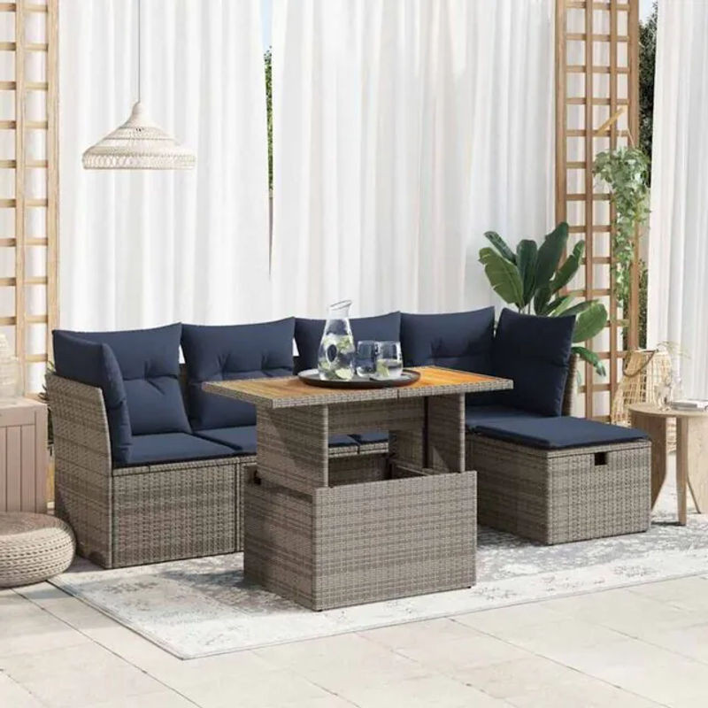 6-teilige Garten-Sofagarnitur aus Polyrattan und Akazienholz in Grau mit Kissen von vidaxl - Bild 1