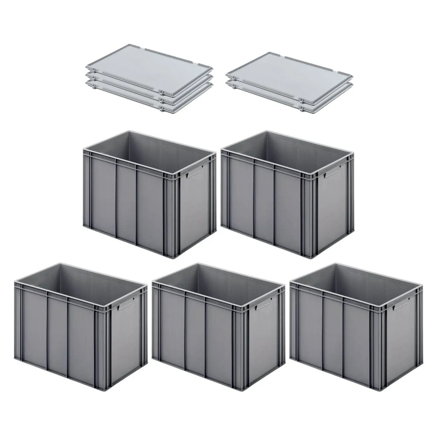 PROREGAL SuperSparSet 5x Eurobehälter mit Scharnierdeckel und geschlossenem Griff, Grau, H x B x T: 42 x 40 x 60 cm, 70 Liter Transportboxen - Bild 2