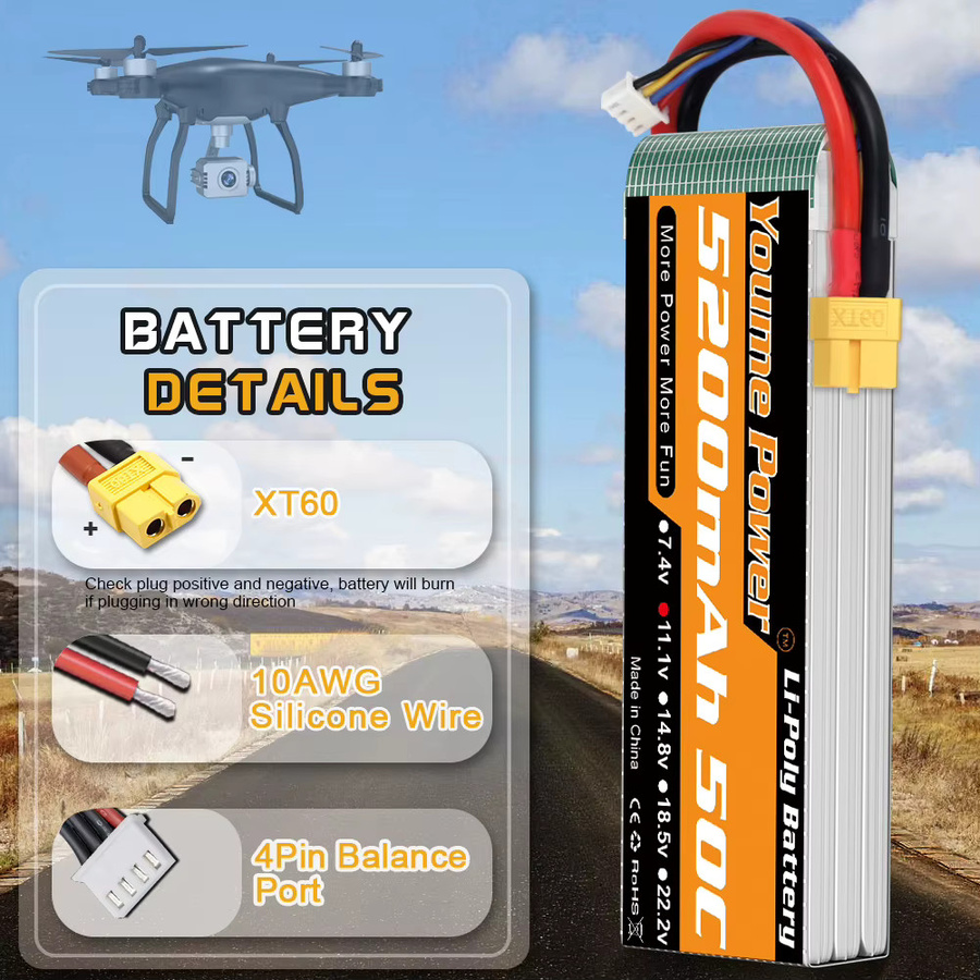 YOUME POWER 3S LiPo-Akku mit 11,1 V, 5200 mAh und XT60-Anschluss für RC Cars, Flugzeuge, Drohnen und Boote - Bild 3