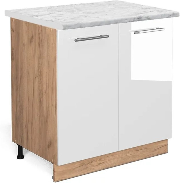 Vicco Spülenunterschrank Fame-Line in Weiß Hochglanz und Goldkraft Eiche mit Regal, B/T/H: 80 x 60 x 82 cm - Bild 1