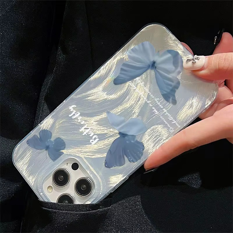 Transparente iPhone Hülle mit blauem Schmetterling und Aurora Borealis Wellendesign - Bild 2