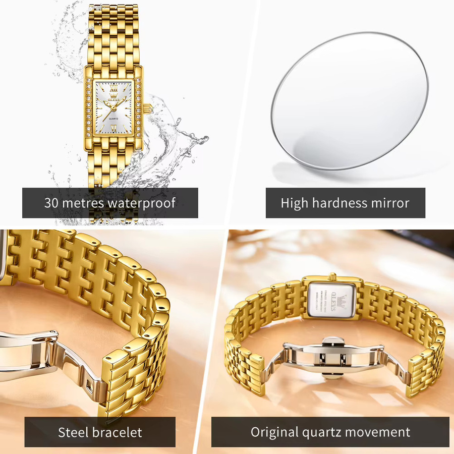 OLEVS Armbanduhr Quarz, Edelstahl, Gold, Eckig, Zirkonia, Damen - Bild 4